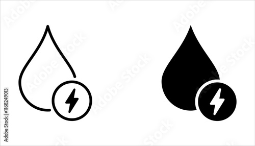 Hydropower icon set, water drop with thunderbolt lightning icon, electric vehicle, environment, nature symbol on white background