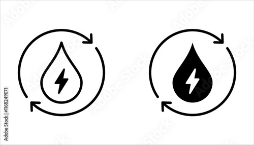 Hydropower icon set, water drop with thunderbolt lightning icon, electric vehicle, environment, nature symbol on white background