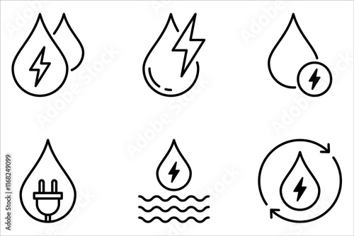 Hydropower icon set, water drop with thunderbolt lightning icon, electric vehicle, environment, nature symbol on white background