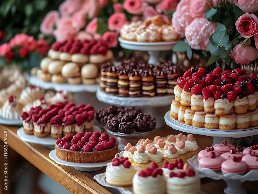 Delicious pastries and cakes on display. Delicious pastries and cakes on display.
