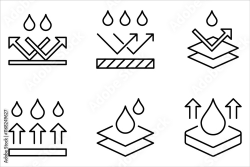 Waterproof icon set. Waterproof sign collection. Water repellent surface symbol concept on white background