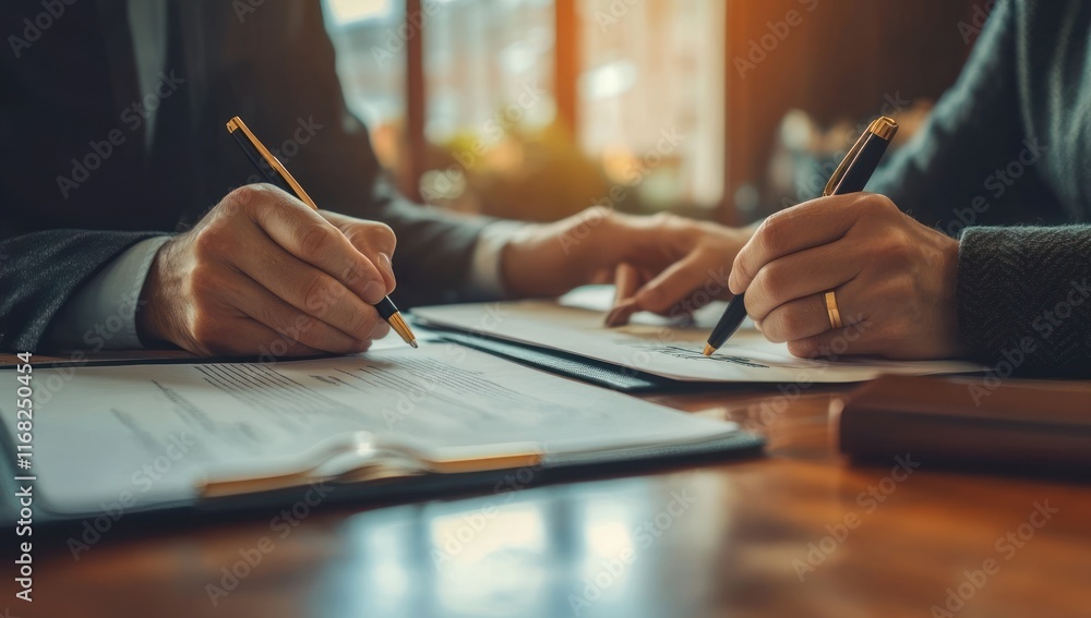 Signing Documents in Office Setting with Lawyer and Business Person at Table with Law Books and Laptop Signing Documents in Office Setting with Lawyer and Business Person at Table with Law Books and Laptop