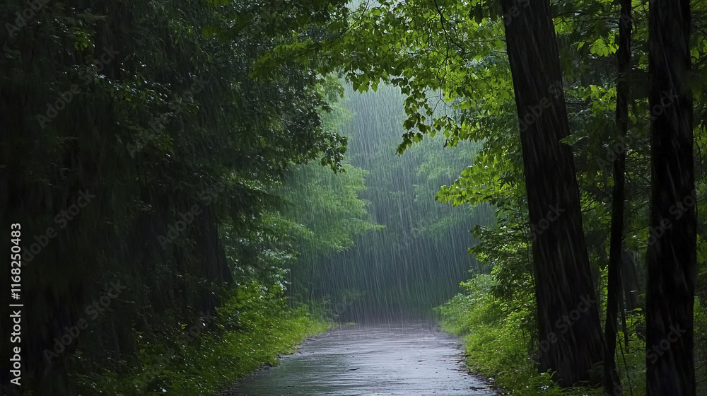 Obraz premium quiet forest path under gentle rain, surrounded by lush greenery
