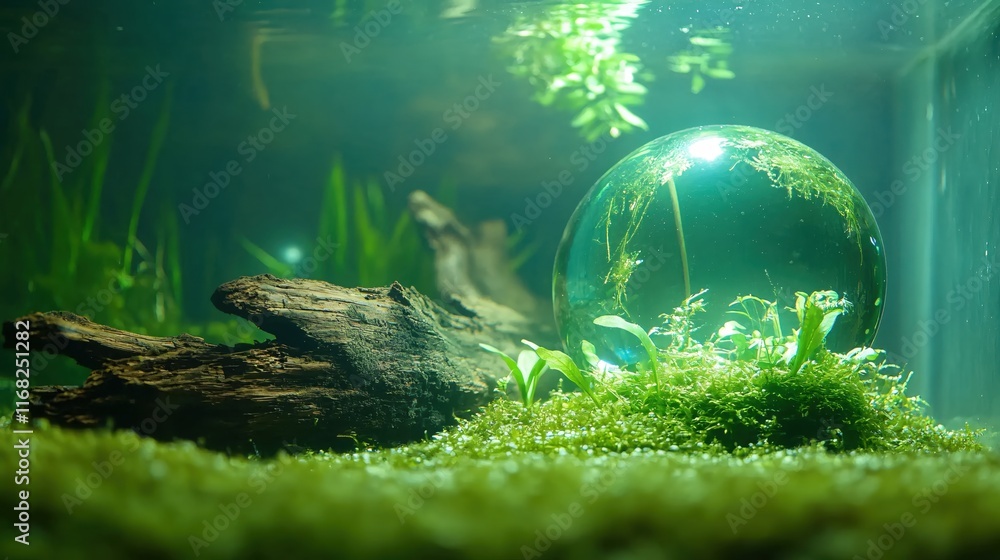 Fototapeta premium Tranquil Underwater Scene with Glass Orb Surrounded by Greenery and Moss