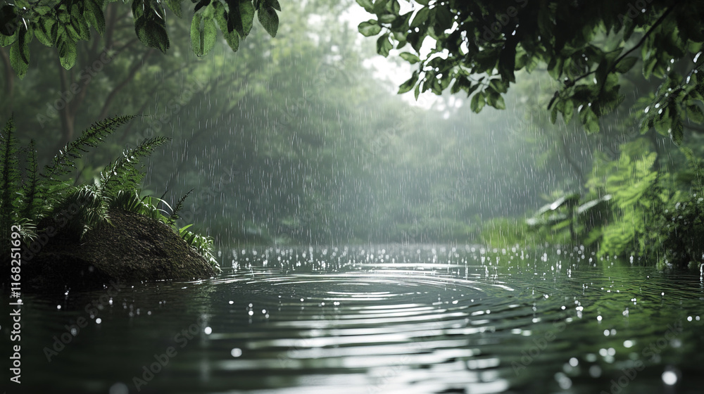 serene close up of rain falling on calm forest lake, creating ripples serene close up of rain falling on calm forest lake, creating ripples