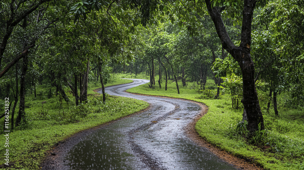 Obraz premium serene path winding through rainy forest, surrounded by lush greenery