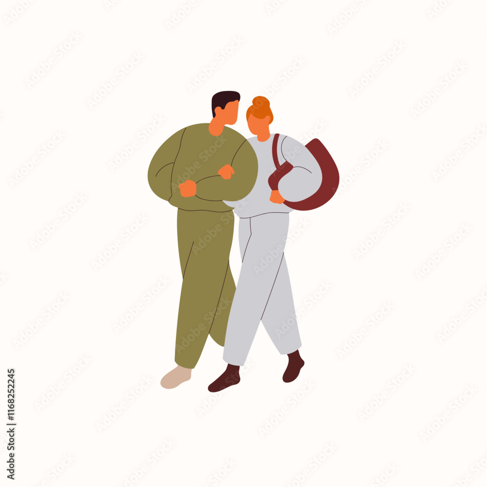 Happy couple walks outdoors together. Cute boyfriend and girlfriend love each other, hold hands. People in romantic relationship, beloveds stroll. Flat isolated vector illustration on white background Happy couple walks outdoors together. Cute boyfriend and girlfriend love each other, hold hands. People in romantic relationship, beloveds stroll. Flat isolated vector illustration on white background