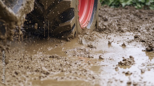 Sleet, rain season. Mud splashing from the wheels and tires driving through thick, wet dirt. Heavy machinery with red rims. Muddy terrain. Tractor photo