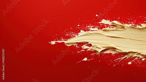 A dynamic splash of beige paint against a vibrant red background, perfect for artistic projects and creative design.