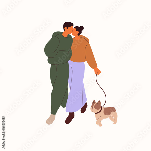 Romantic couple walks dog together. Boyfriend cuddles his girlfriend and kisses. Cute beloveds stroll outdoors. Happy people love each other. Flat isolated vector illustration on white background