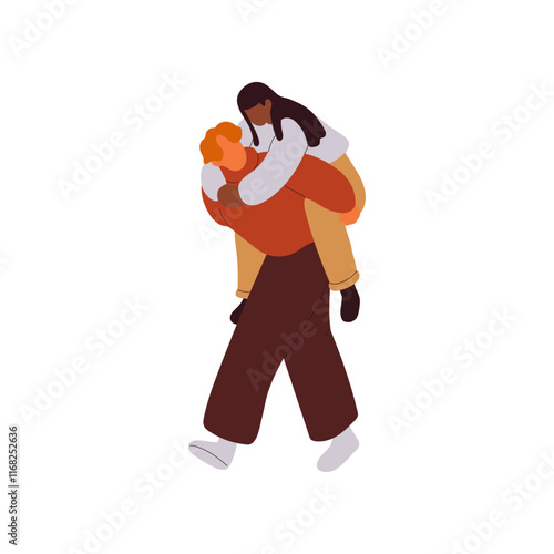 Boyfriend carries his girlfriend on back during walk. Cute couple loves each other, strolls together. Teen beloveds, happy people have fun on romantic date. Flat isolated vector illustration on white