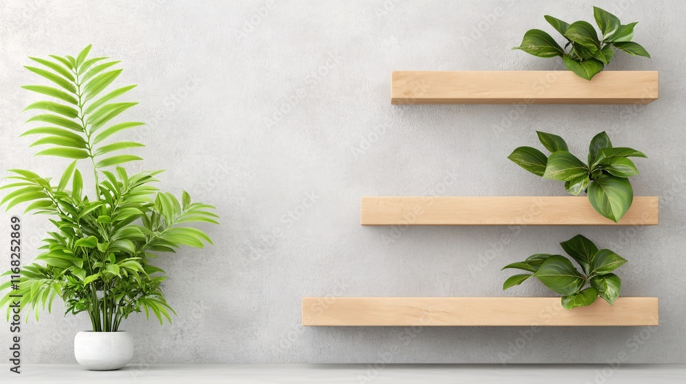 Modern indoor plant display with wooden shelves and vibrant green foliage accents