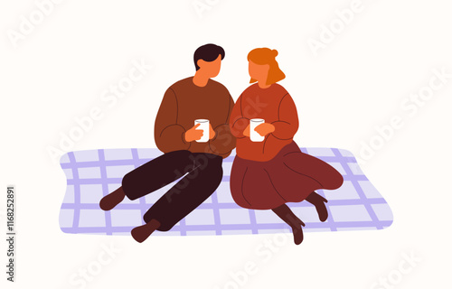 Cute couple is on picnic at date. People in romantic relationships eating and drink on blanket during walk. Beloveds, lovers love each other. Flat isolated vector illustration on white background