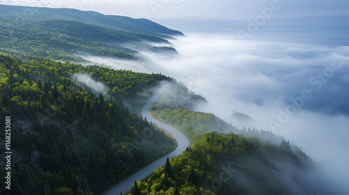 tranquil scene along Cabot Trail with misty hills and ocean views