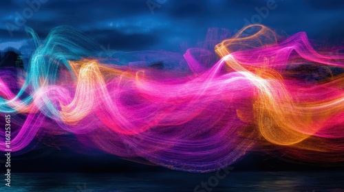 Abstract light streaks in pink, purple, and blue, glowing across a dark background photo