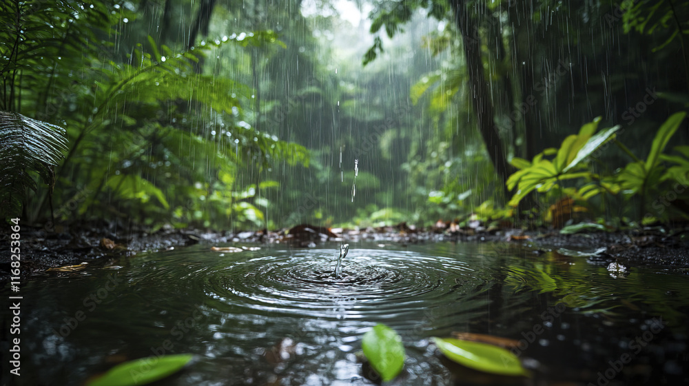 vibrant tropical rainforest during rainstorm with raindrops creating ripples vibrant tropical rainforest during rainstorm with raindrops creating ripples
