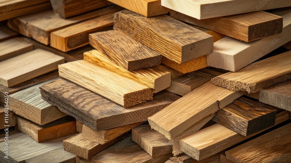 A Stack of Assorted Wood Lumber Pieces, Showing Various Grain and Colors. Perfect for DIY Projects and Crafts. A Stack of Assorted Wood Lumber Pieces, Showing Various Grain and Colors. Perfect for DIY Projects and Crafts.