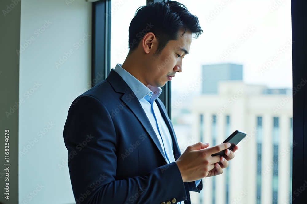 Professional Man in Blue Suit Using Smartphone by Window, Ideal for Business, Technology, and Lifestyle Concepts Professional Man in Blue Suit Using Smartphone by Window, Ideal for Business, Technology, and Lifestyle Concepts