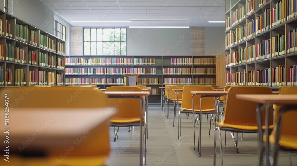 A modern library with empty desks and shelves filled with books. A modern library with empty desks and shelves filled with books.