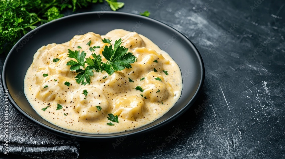 A creamy plate of gnocchi garnished with fresh parsley, set against a dark background, evoking a cozy dining experience. A creamy plate of gnocchi garnished with fresh parsley, set against a dark background, evoking a cozy dining experience.