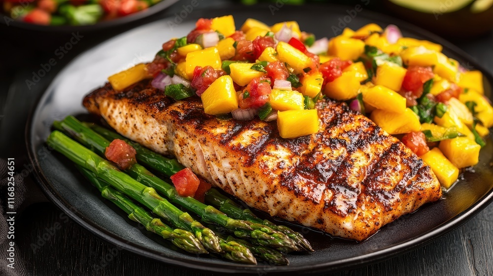 Grilled salmon topped with fresh mango salsa, served with asparagus on a dark plate, showcasing vibrant colors and flavors. Grilled salmon topped with fresh mango salsa, served with asparagus on a dark plate, showcasing vibrant colors and flavors.