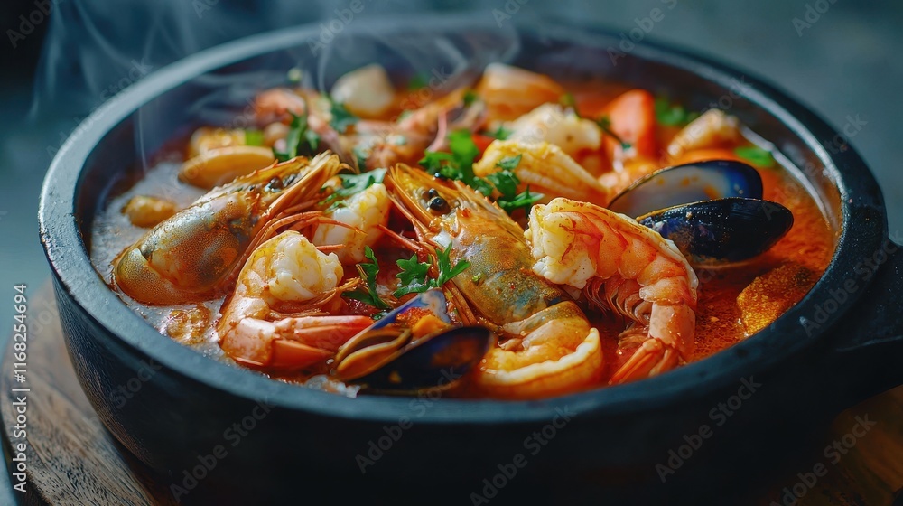 A flavorful seafood dish featuring shrimp, mussels, and spices, served in a traditional pot, with steam rising and garnished with fresh herbs. A flavorful seafood dish featuring shrimp, mussels, and spices, served in a traditional pot, with steam rising and garnished with fresh herbs.