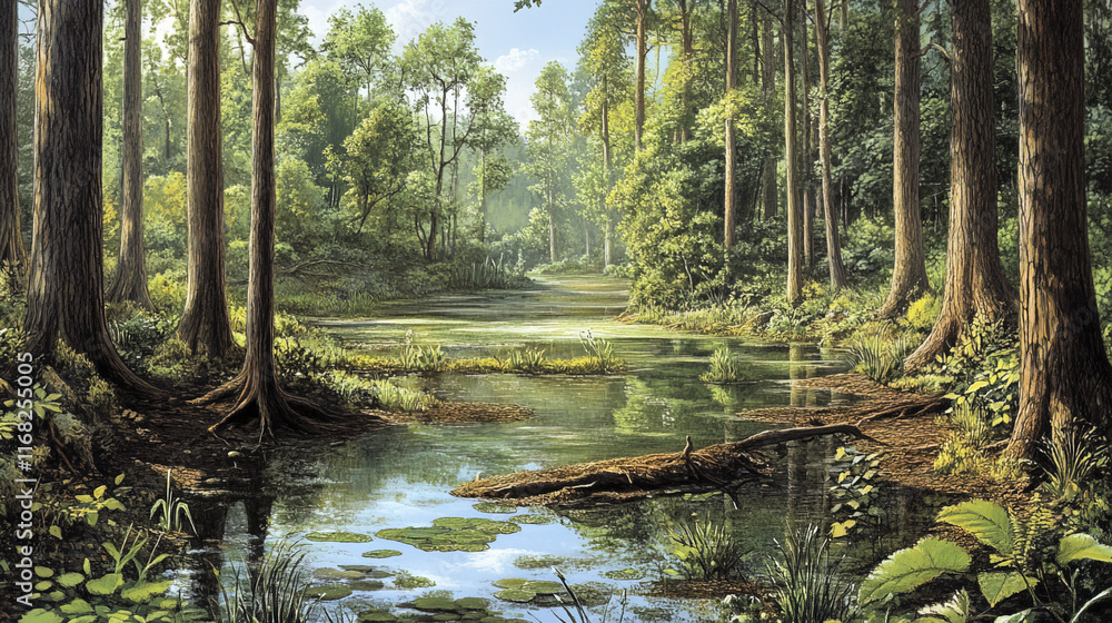 Fototapeta premium serene forest scene with tranquil pond surrounded by lush greenery