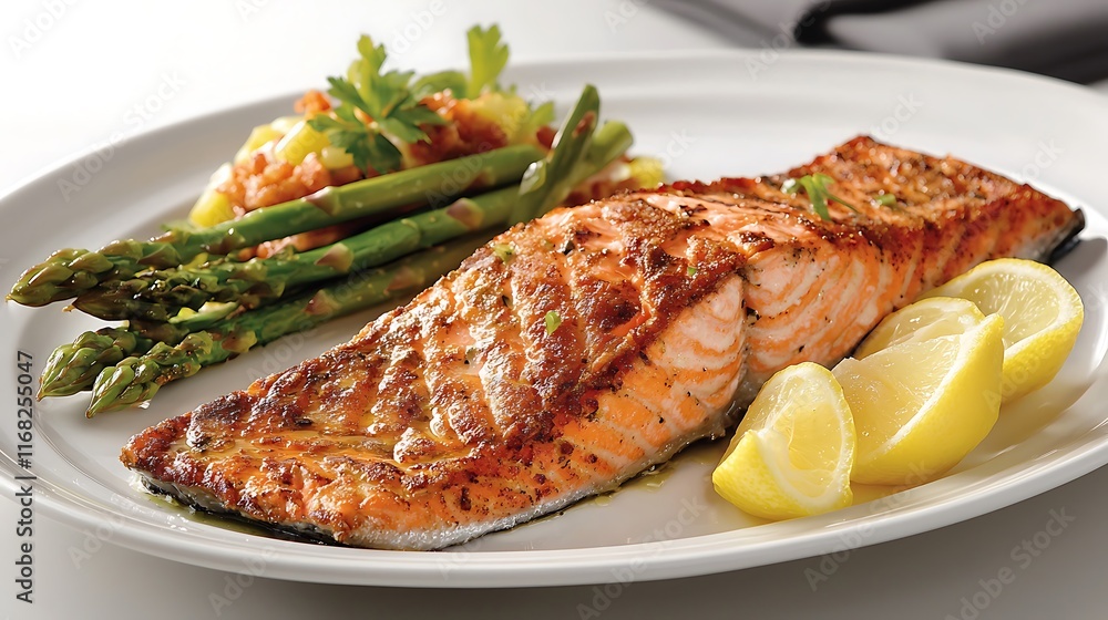 Grilled Salmon Fillet with Asparagus and Lemon Wedges Gourmet Dish Restaurant Food Grilled Salmon Fillet with Asparagus and Lemon Wedges Gourmet Dish Restaurant Food