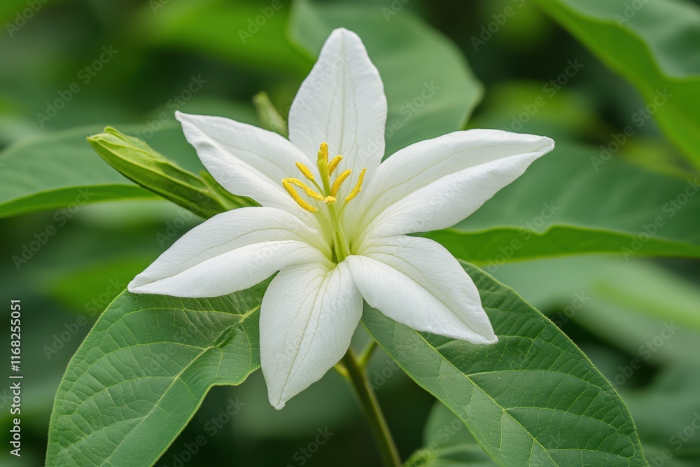 Elegant White Flower Blooming Among Lush Green Leaves in Nature Setting Elegant White Flower Blooming Among Lush Green Leaves in Nature Setting