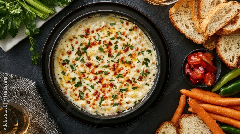 Creamy dip surrounded by fresh vegetables and toasted bread, perfect for sharing at gatherings or parties. Creamy dip surrounded by fresh vegetables and toasted bread, perfect for sharing at gatherings or parties.