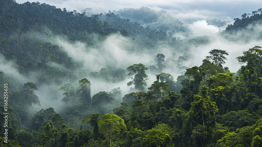 Lush high elevation forests shrouded in mist create serene atmosphere Lush high elevation forests shrouded in mist create serene atmosphere