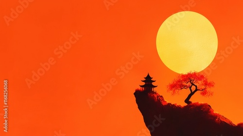 A tranquil sunset scene featuring a silhouette of a pagoda and a solitary tree against a vivid orange sky.