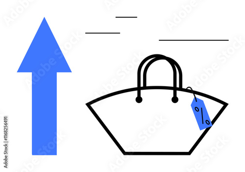 Blue upward arrow, black-outlined shopping bag with discount price tag. Ideal for sales growth, e-commerce, retail promotions, shopping incentives, consumerism trends, sales strategies, budgeting
