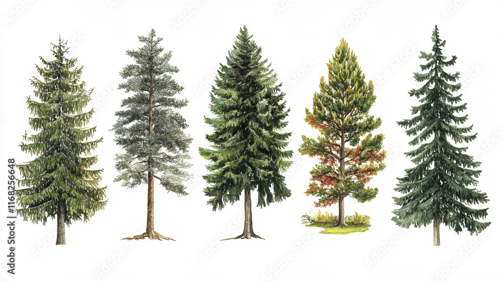 Obraz premium Tall evergreen trees including spruce, fir, and pine species