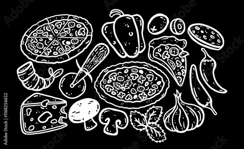 Pizza ingredients. Hand drawn vector with pizza, cheese, pepperoni, mushroom, onion, olive, bell pepper, shrimp, fresh basil, red pepper, pizza cutter. Black background illustration.