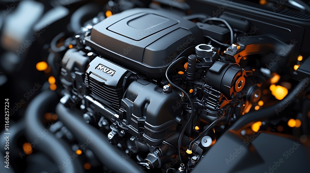 Sleek Modern Automobile Engine Close Up View Sleek Modern Automobile Engine Close Up View