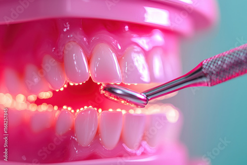 Close-up of dental model with cleaning tool and glowing light photo