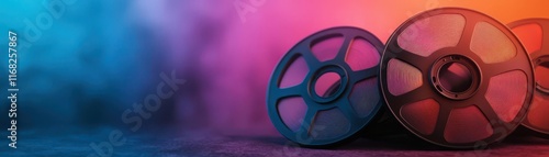 film and television. A depiction of a colorist adding vivid hues to film reels