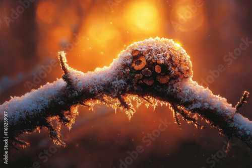 Frosted branch with mushrooms at sunset in a winter forest photo