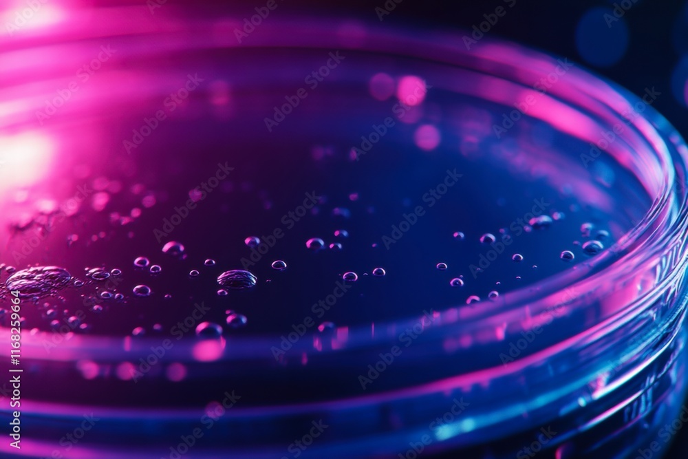 Obraz premium A close-up of a petri dish with bubbles, illuminated by vibrant pink and blue lighting, creating a captivating visual effect