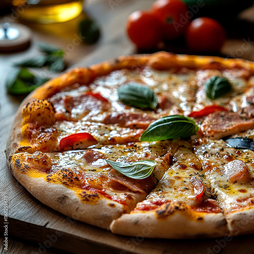 Delicious pepperoni pizza with fresh basil leaves and golden cheese