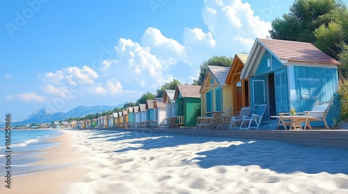 Beach Cabins at Cayeux sur Mer in Picardy France with Beach Chair Under Awning and Boardwalk Pathway photo