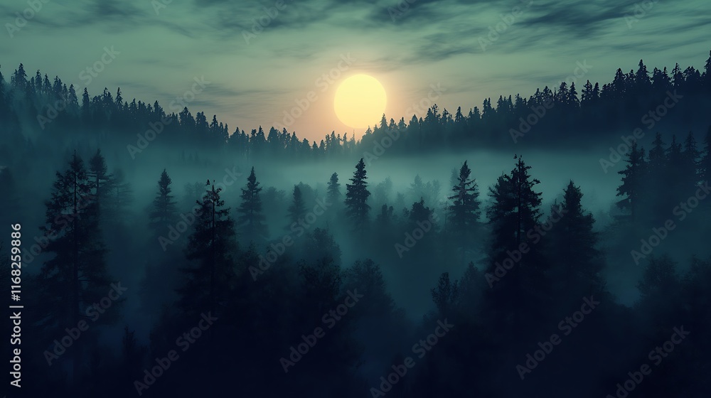 Obraz premium Serene view of a dense forest with mist covering the treetops at sunrise 