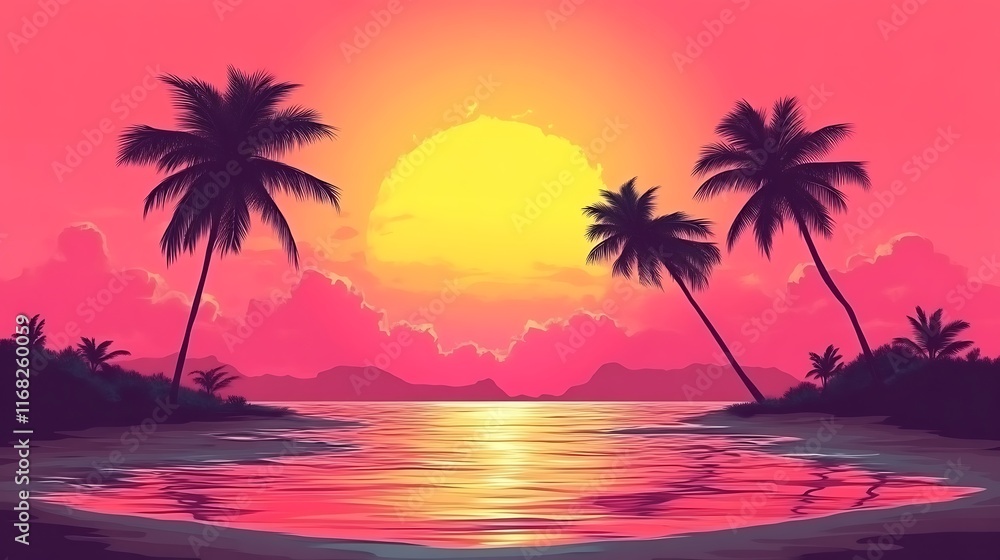 Pink Sunset Paradise: Silhouetted Palms and Tropical Beach Scene Pink Sunset Paradise: Silhouetted Palms and Tropical Beach Scene