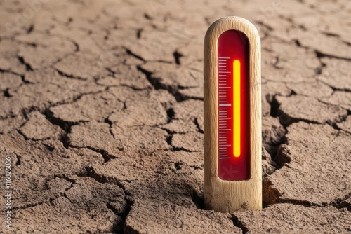 climate change impact. A symbolic image of a glowing thermometer in a cracked photo