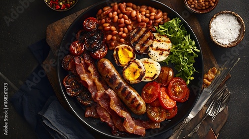 Delicious Full English Breakfast Plate Bacon Sausage Eggs Beans Tomatoes