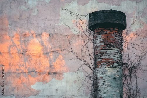 Old brick chimney against a weathered pink wall, vines climbing, sunset hues reflected.