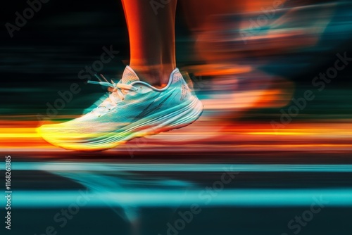 A dynamic close-up of a running shoe in motion, captured with a vibrant blur showcasing speed and athleticism against a colorful background