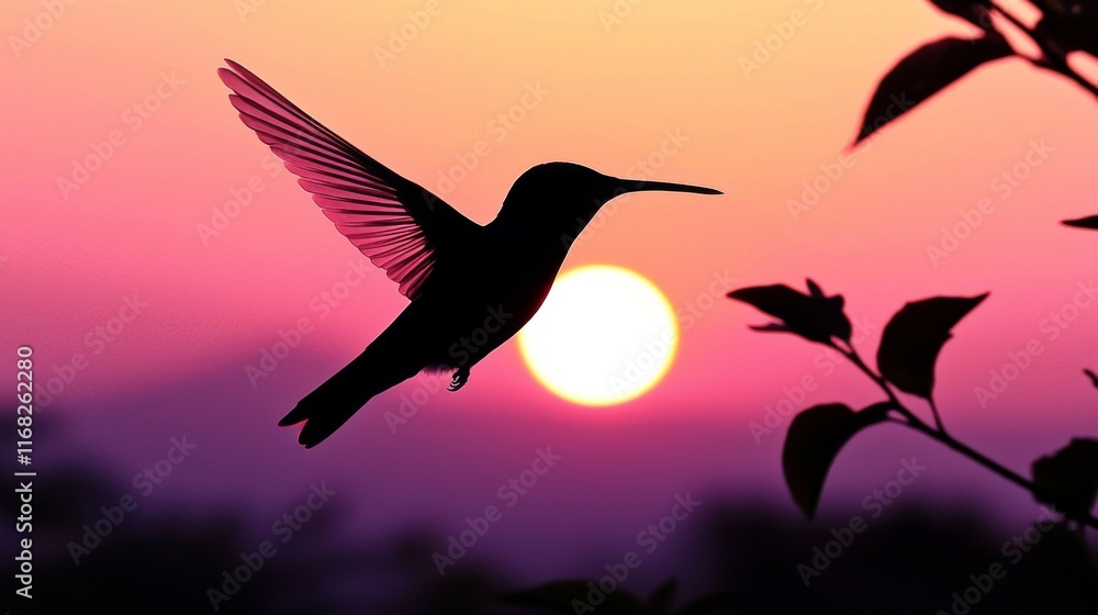 Obraz premium Silhouette of a Hummingbird in Flight Against a Vibrant Sunset Background with Soft Pink and Orange Hues