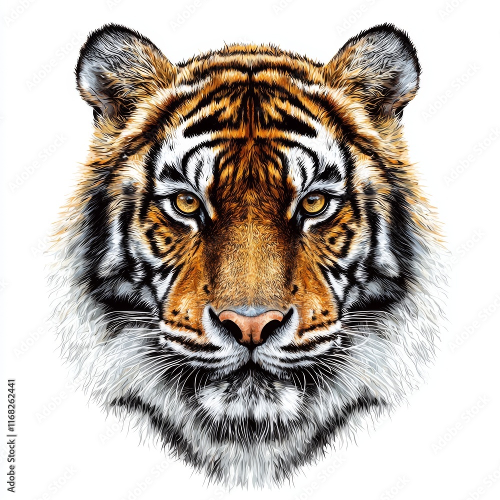 Fototapeta premium Majestic Tiger Head Illustration with Striking Features and Intricate Fur Details on a White Background